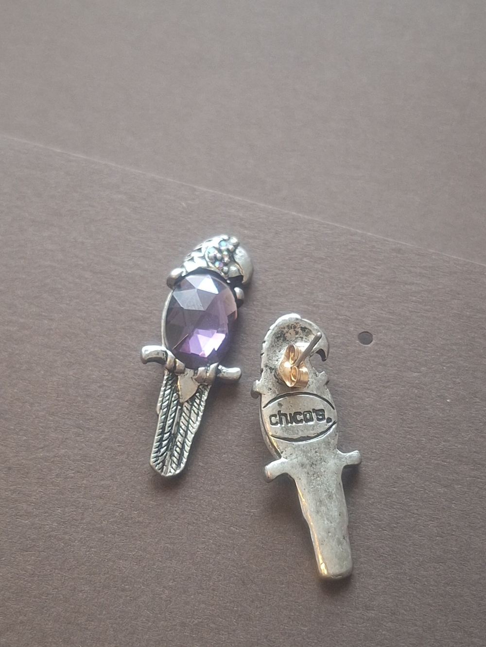 1" Chico's Silver Parrot Earrings with Purple Gem - Picture 1 of 5